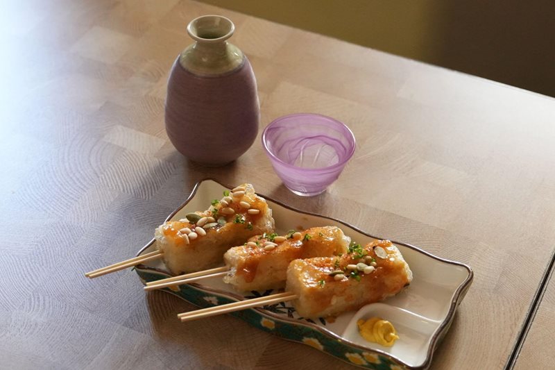 Suigei Hot Sake and Miso-Glazed Eggplant